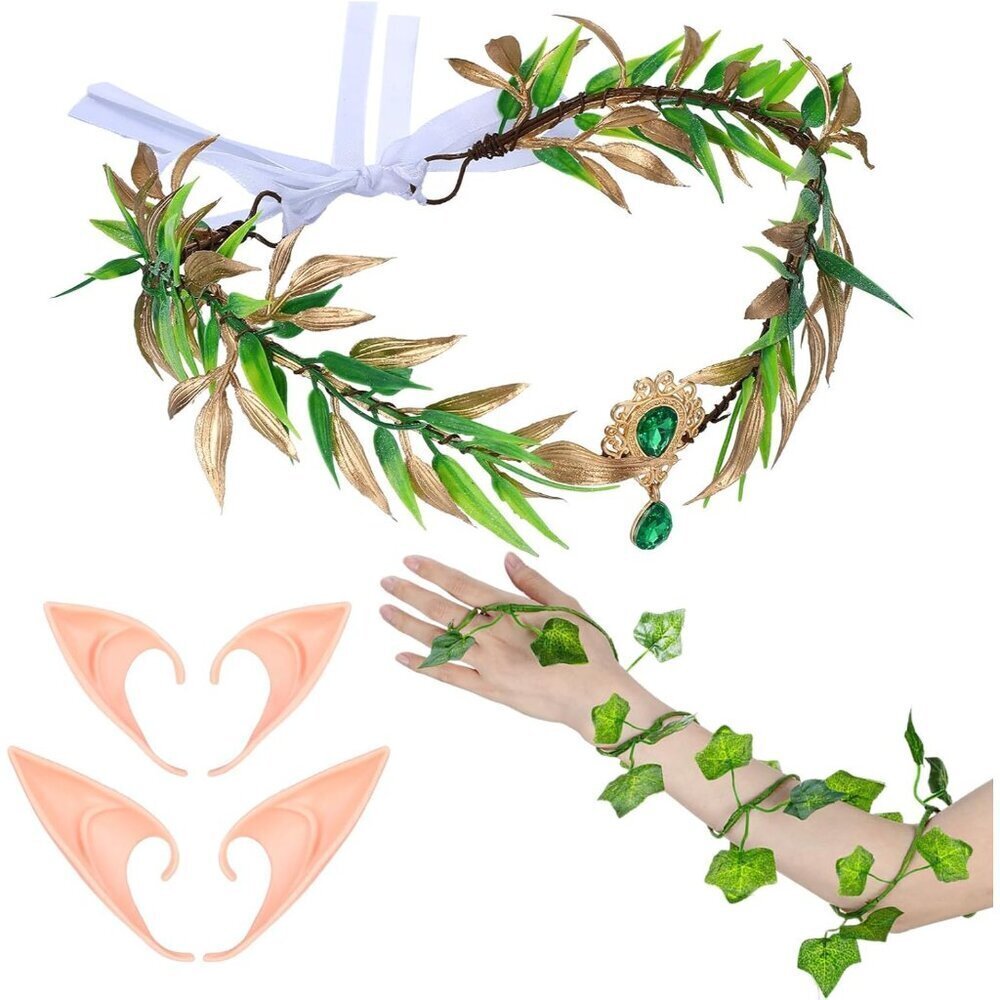 Fairy Accessories Set Elf Ears Crown Ivy Arm Wraps for Cosplay Fantasy Aesthetic